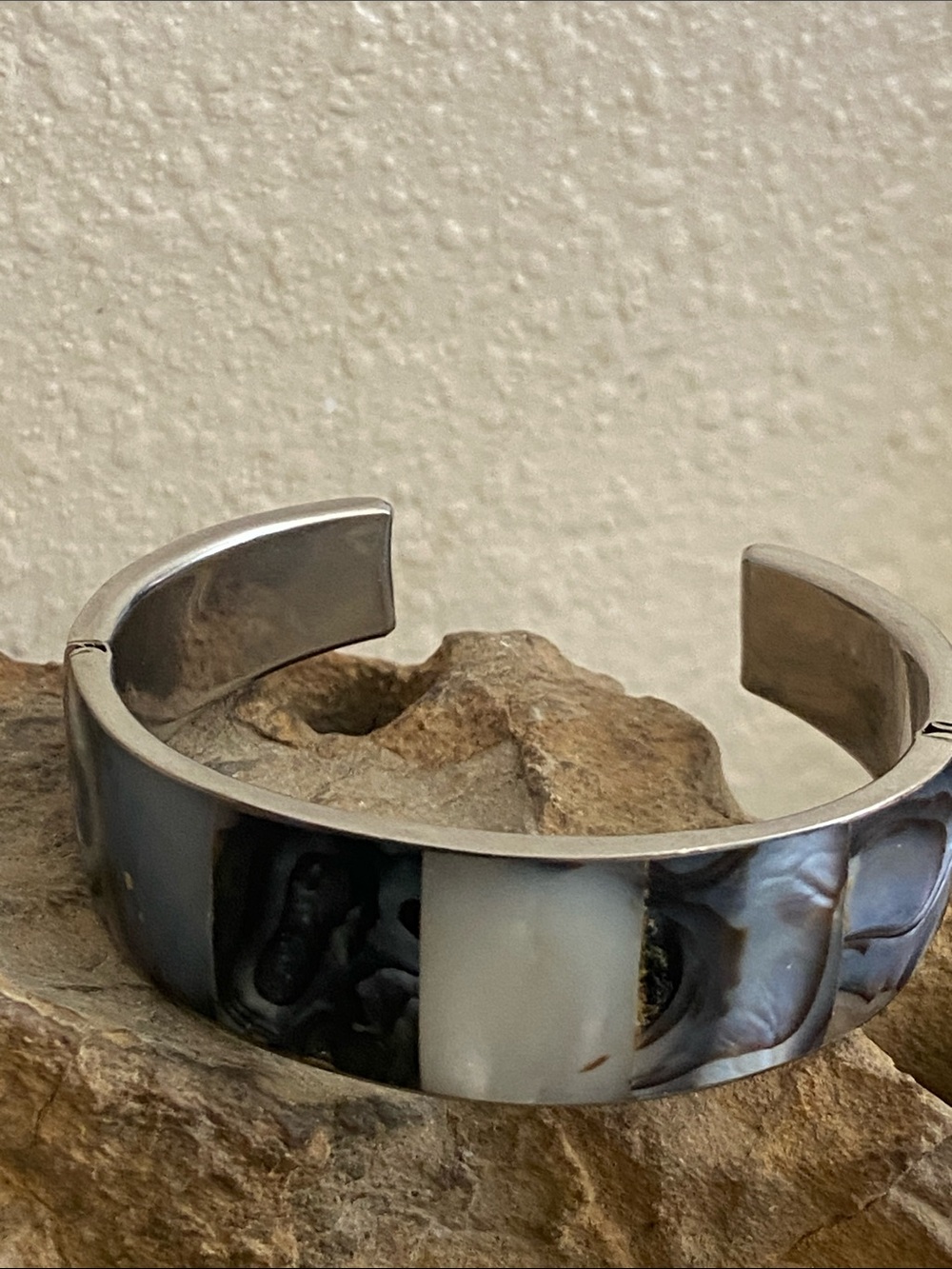 Vintage 80s Abalone & Mother of Pearl Stainless Steel Cuff Bracelet